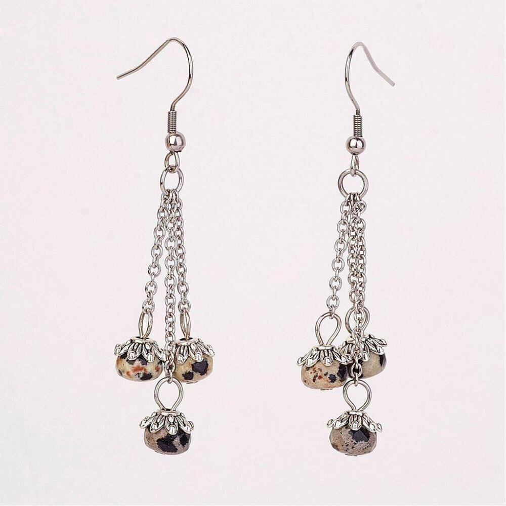 Handmade Edgy Surgical Steel Gemstone Earrings Triple Chain Dalmatian Jasper